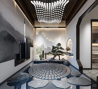 Modern Chinese Clubhouse Interior With Landscape Painting Circular Floor Tiles Lattice Ceiling And Pine Bonsai 3d model