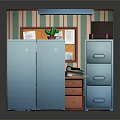 Cartoon Office Cubicle Scene With Vintage Computer Filing Cabinets Desk Lamp And Cactus