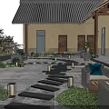 Ancient Architecture Courtyard Design With Stone Path Green Plants Seating And Traditional Lanterns