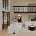 Modern Duplex Living Room Interior With White Sofas Round Coffee Table Piano And Staircase
