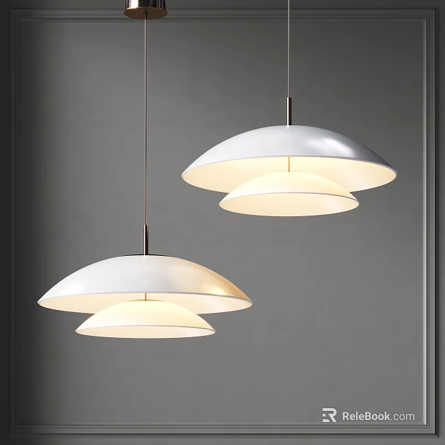 Modern Interior With Two White Round Shade Double Layered Pendant Lights 3d model