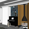 Elegant Piano Room With Black Piano Sheet Music Gold Sculpture Fireplace On Marble Floor