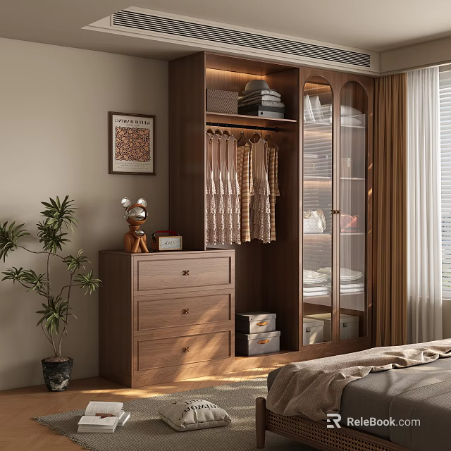 Modern Wardrobe Design With Wooden Frame Glass Doors Storage Drawers And Internal Hanging Space 3d model 