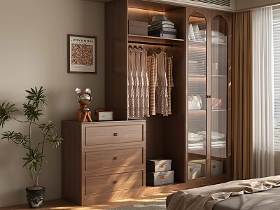Modern Wardrobe Design With Wooden Frame Glass Doors Storage Drawers And Internal Hanging Space 3d model