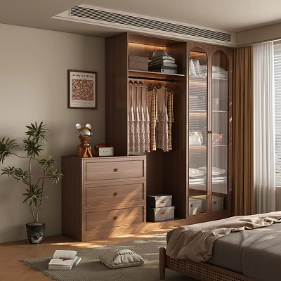 Modern Wardrobe Design With Wooden Frame Glass Doors Storage Drawers And Internal Hanging Space 3d model