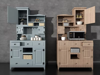 Blue and Wooden Sideboard With Open Shelves Drawers Storage Baskets And Microwave 3d model