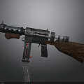 Vintage Military Weapon Gun With Blue Black Metal Body Wooden Stock And Red Indicator Light