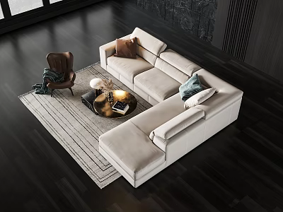 Modern Light Beige Sofa Coffee Table Combination With Pillows Rug Armchair And Dark Wooden Floor 3d model
