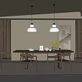Modern Restaurant Dining Area Interior With Wooden Table Chairs And Pendant Lights