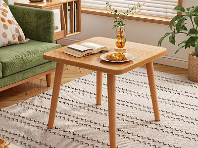 Wooden Coffee Table With Open Book Pastry Plate Flower Vase And Green Sofa In Living Room 3d model