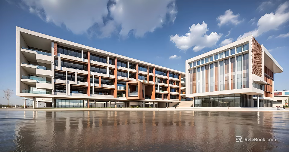 Modern School Building Exterior Design With Glass Windows Balconies And Blue Sky 3d model 