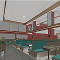 Modern Restaurant Interior With Red Walls Blue Booths And Wooden Partitions In Open Dining Layout