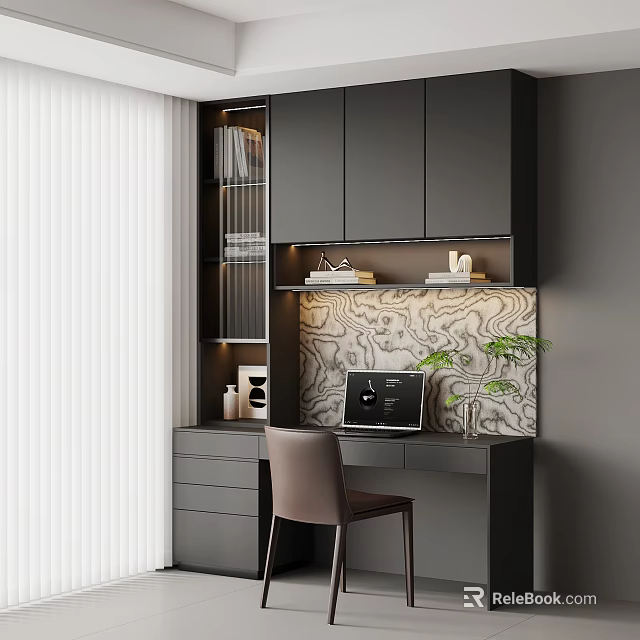 Modern Desk With Black Cabinetry Open Shelves Laptop Green Plants Textured Wall And Chair 3d model 