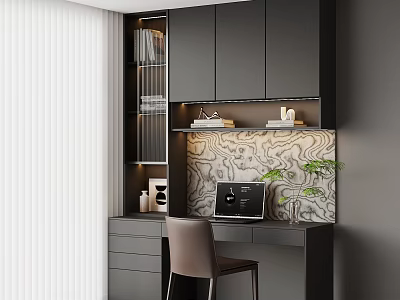 Modern Desk With Black Cabinetry Open Shelves Laptop Green Plants Textured Wall And Chair 3d model