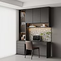 Modern Desk With Black Cabinetry Open Shelves Laptop Green Plants Textured Wall And Chair