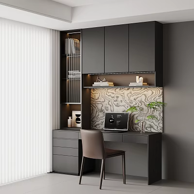 Modern Desk With Black Cabinetry Open Shelves Laptop Green Plants Textured Wall And Chair 3d model