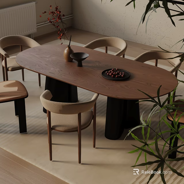 Modern Oval Wooden Dining Table Set With Chairs And Decorative Items 3d model 