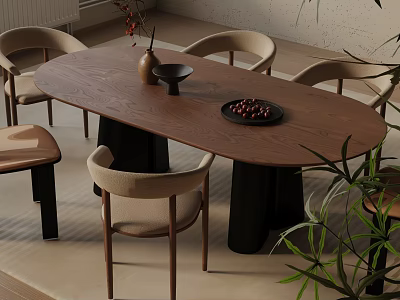 Modern Oval Wooden Dining Table Set With Chairs And Decorative Items 3d model