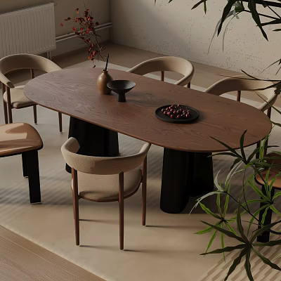 Modern Oval Wooden Dining Table Set With Chairs And Decorative Items 3d model