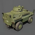 Military Green Armored Vehicle Featuring Large Tires Antenna And Observation Windows
