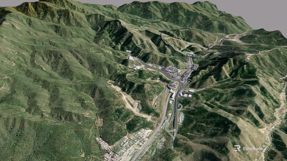 Scenic Aerial View of Green Mountain Valley With Roads and Buildings 3d model 