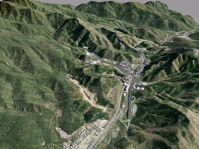 Scenic Aerial View of Green Mountain Valley With Roads and Buildings 3d model