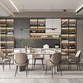 Modern Restaurant Interior With Dining Table Chairs Wine Racks Hanging Lights And Green Plants