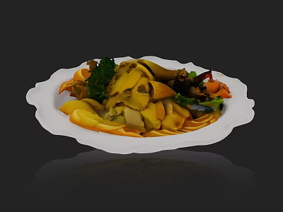 Delicious Mixed Food Platter with Yellow Meat Orange Slices and Green Vegetables on White Plate 3d model