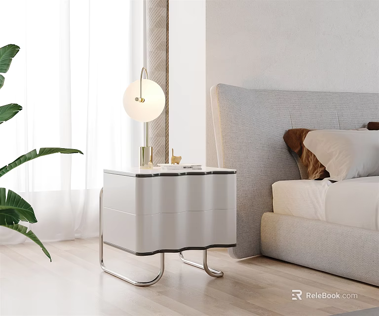 Modern White Nightstand With Metal Legs Lamp And Green Plant In Bedroom 3d model 