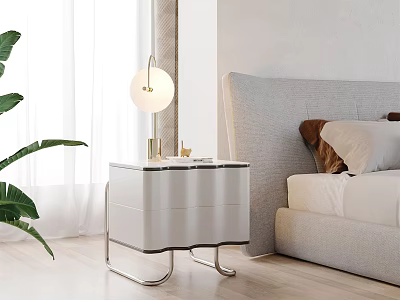 Modern White Nightstand With Metal Legs Lamp And Green Plant In Bedroom 3d model