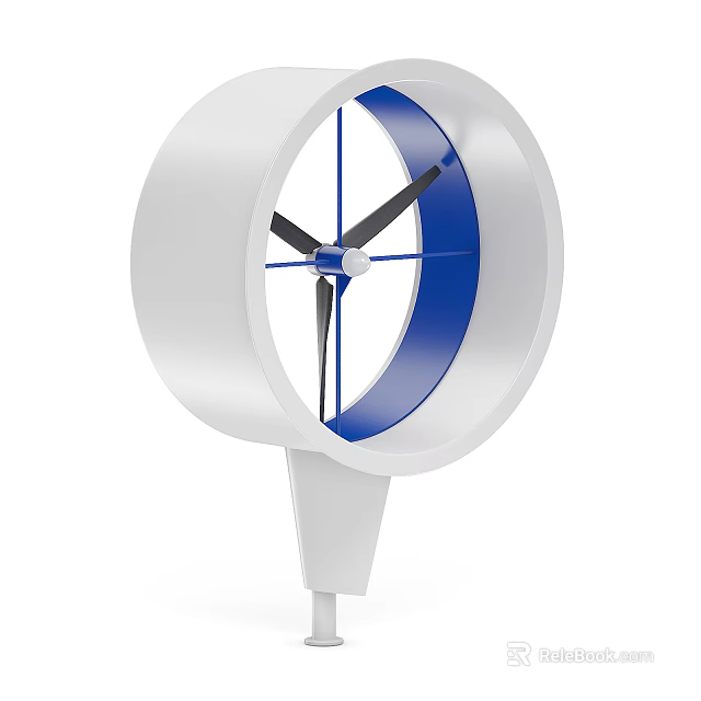 Modern Wind Turbine Construction Component With White Circular Housing Blue Ring And Black Blades 3d model 