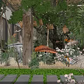 Natural Style Restaurant Interior With Green Plants Mushroom Decorations And Wooden Structure