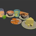 Delicious Assorted Food Display With Coffee Juice Banana Cookies And Cheese
