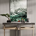 Elegant Modern Console Table Interior With Chinese Landscape Painting Bonsai And Decorative Items 3d model