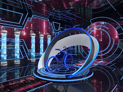 Futuristic Interactive Zone Featuring Tech Inspired Blue Lighting Circular Structure Illuminated Pillars And Reflective Floor 3d model