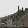 Green Iron Bridge With Spire Towers River And Stone Street Lamps