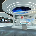 Futuristic Exhibition Interior Featuring Circular Ceiling Ring Lights And Streamlined White Seats 3d model