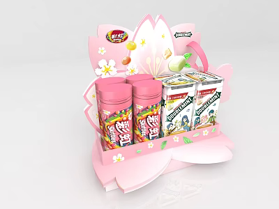 Pink Display Shelf with Lay's Snacks and Floral Decorations White Flowers Green Leaves 3d model
