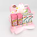 Pink Display Shelf with Lay's Snacks and Floral Decorations White Flowers Green Leaves