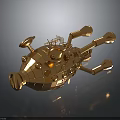 Golden Shiny Water Vehicle With Metallic Surface Round Windows And Protruding Structures