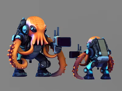 Orange Mechanical Octopus with Futuristic Gear Backpack Holding Device and Multiple Tentacles 3d model
