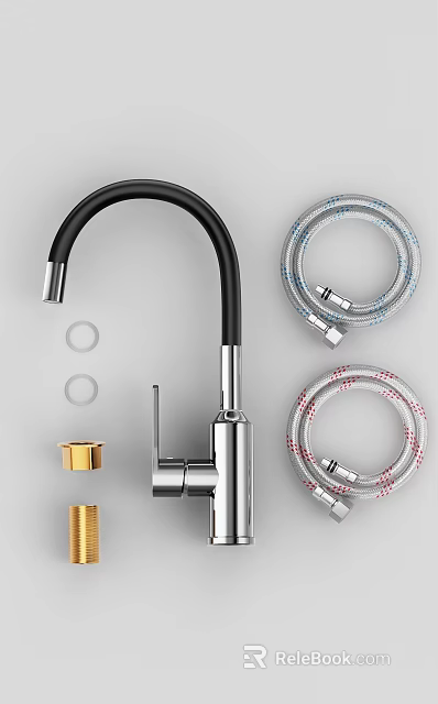 Chrome And Black Faucet With Flexible Hoses Seals And Golden Components 3d model 
