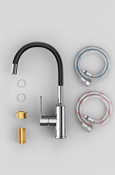 Chrome And Black Faucet With Flexible Hoses Seals And Golden Components 3d model