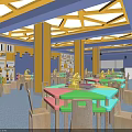 School Classroom Featuring Colorful Tables Chairs Bookshelves Alphabet Decorations And Yellow Frame Ceiling