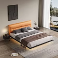 Double Bed Orange Headboard Gray Pillows Dark Blanket Side Nightstand Table Lamp Modern Wall Art