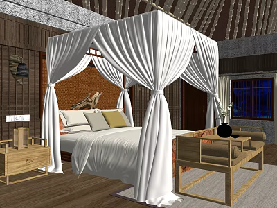 Hotel Room Featuring Four Poster Bed White Drapes Wooden Furniture and Brick Wall 3d model