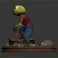 Frog Character In Red Shirt And Blue Pants Chopping Wood With Stones Grass Round Base