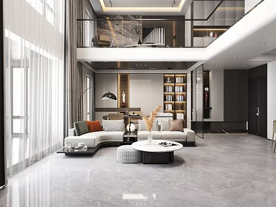Duplex Living Room Interior Design With Modern Sofa Coffee Table Bookshelf And Floor to Ceiling Windows 3d model