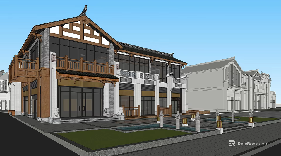 Traditional Chinese Commercial Street Featuring Classic Architecture Large Windows Balconies And Courtyard 3d model 