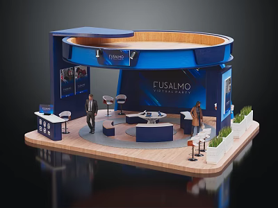 FUSALMO Blue Round Exhibition Booth With Wooden Interior Design People And Plants 3d model